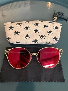 Sonix Gold Frame Sunglasses with mirrored Lenses and Eye Print Case